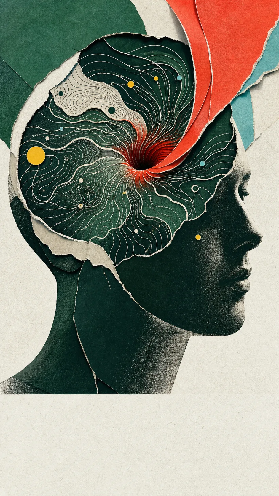 Retrato de perfil en collage de papel con una ruta que atraviesa la mente.